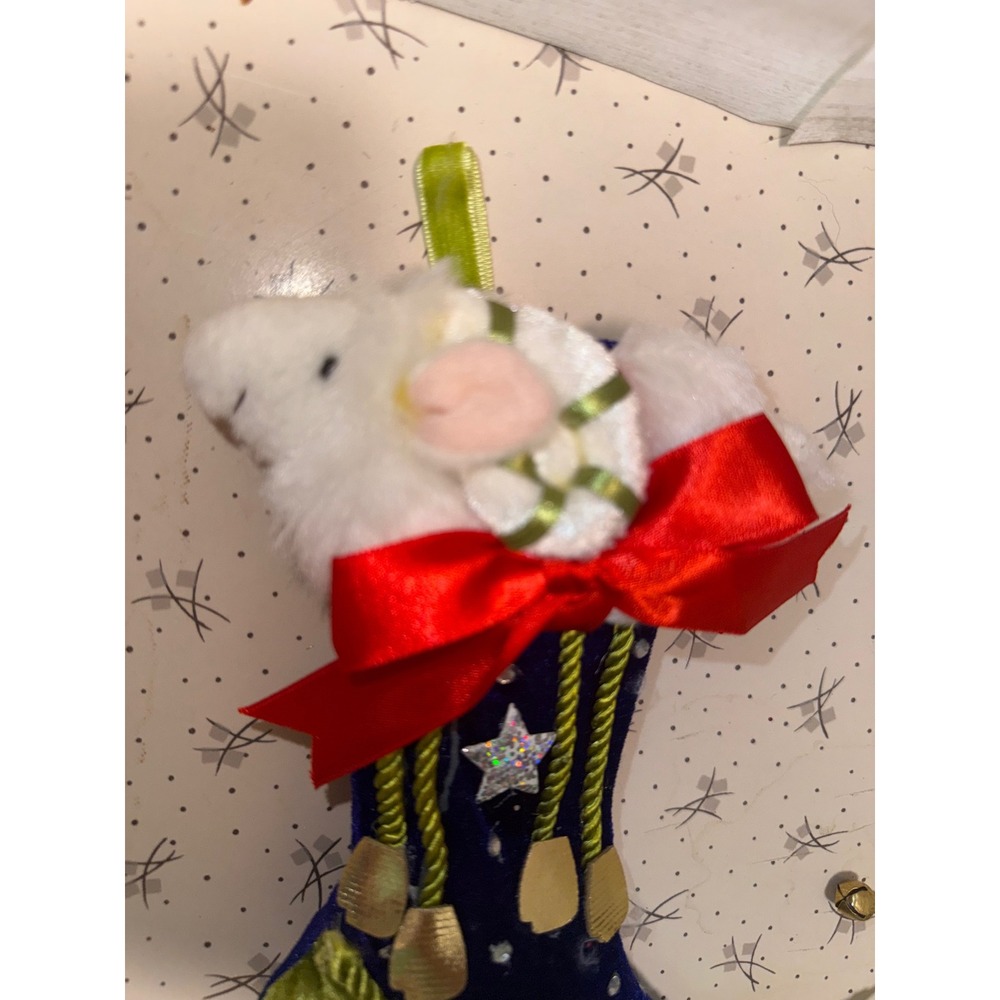 Patience Brewster Krinkles Mouse in‎ Stocking Christmas Ornament Blue Velvet 8in